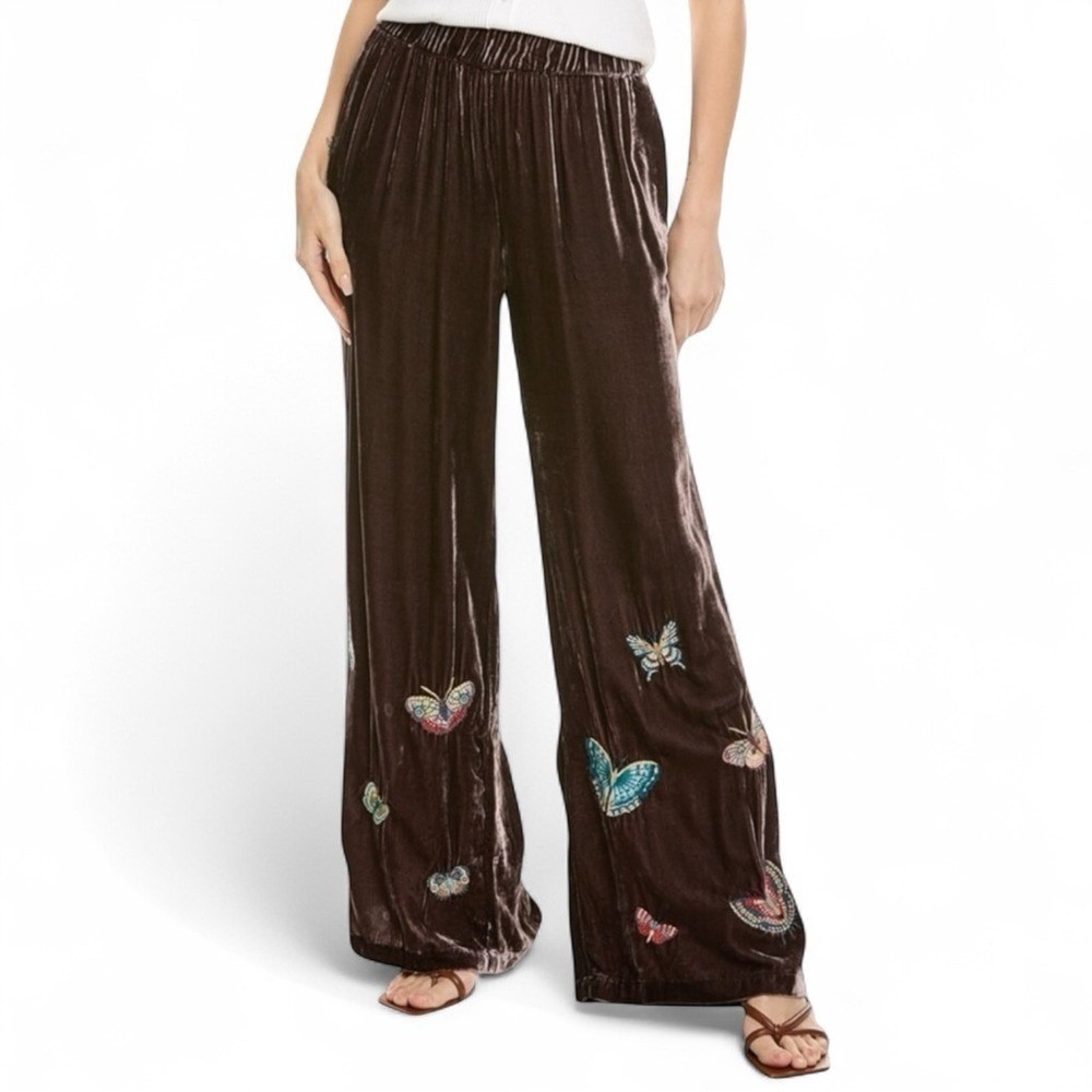 Johnny Was Embroidered Butterfly Wide Leg Pants Size Large Silk Blend‎ NWT $365